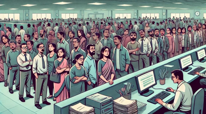 ilustracja przedstawiająca tłum w urzędzie  obraz kontekstowy do artykułu