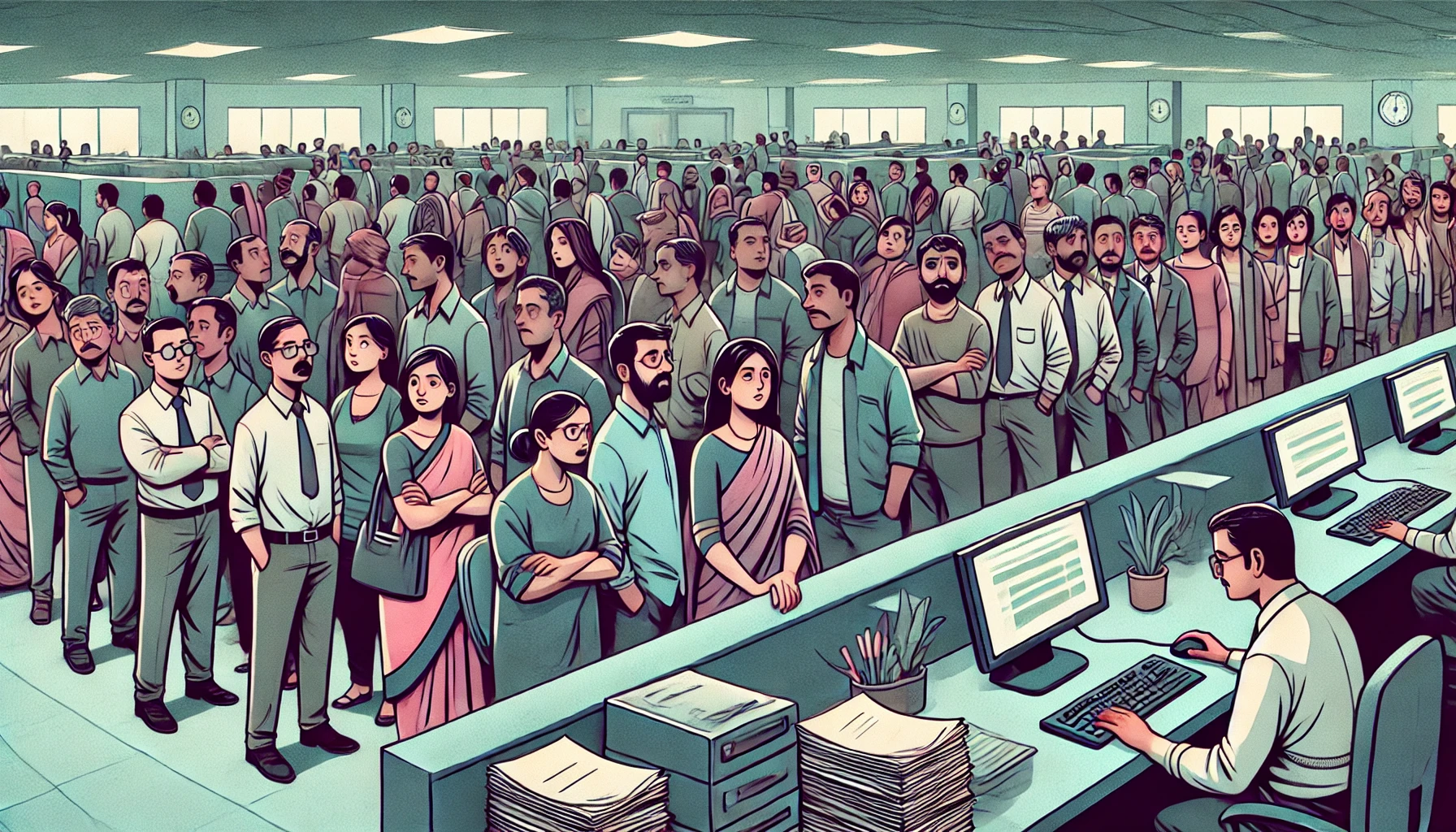 ilustracja przedstawiająca tłum w urzędzie  obraz kontekstowy do artykułu