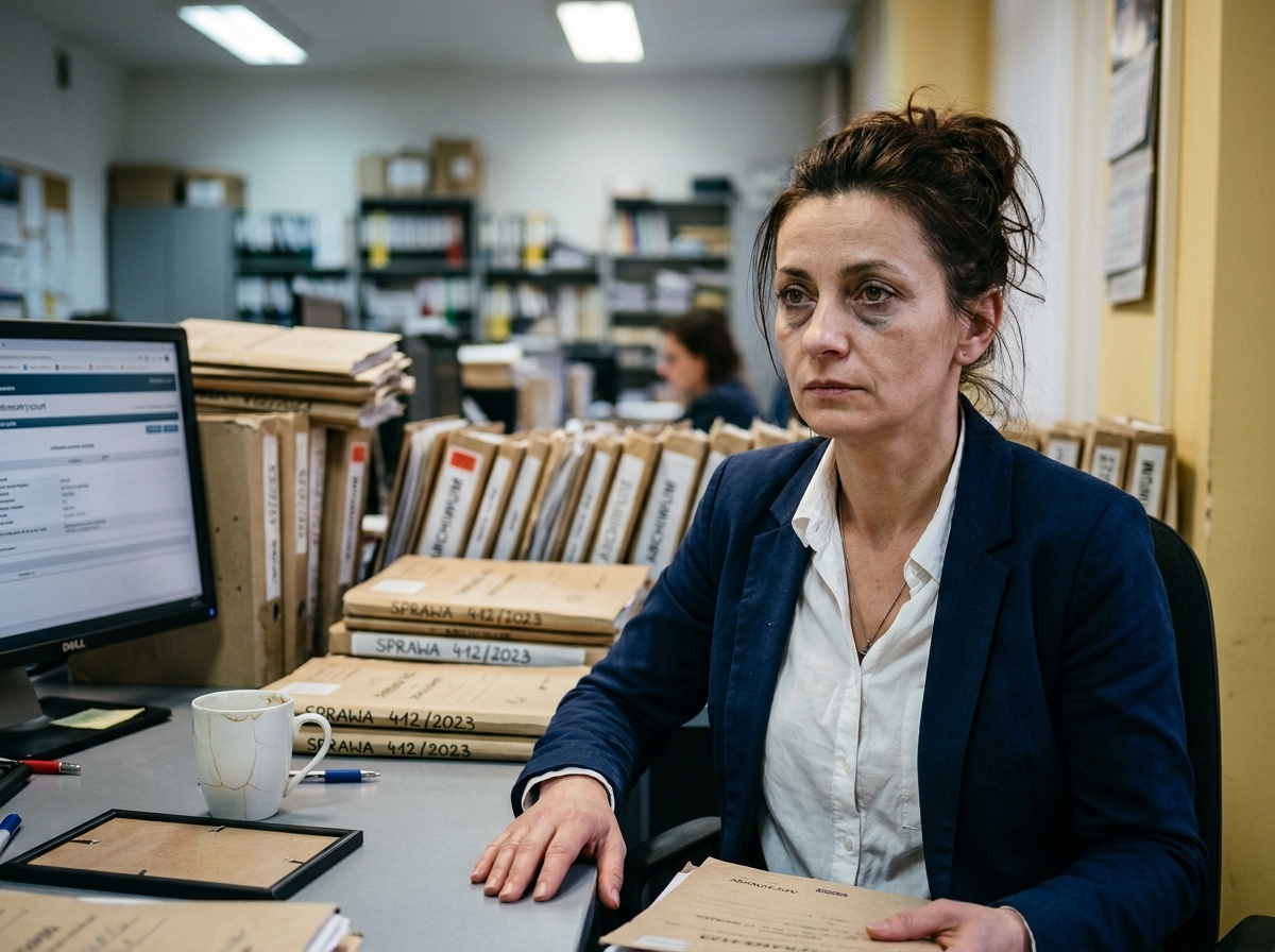 woman in a blue blazer sits at a desk in a filing office surrounded by stacked folders and a computer monitor