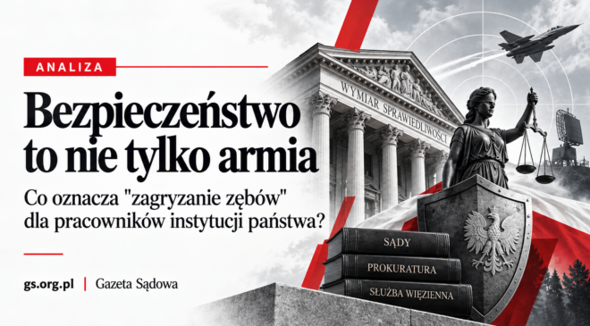 Grafika analityczna z gmachem wymiaru sprawiedliwości, Temidą, tarczą z orłem oraz motywami obronnymi