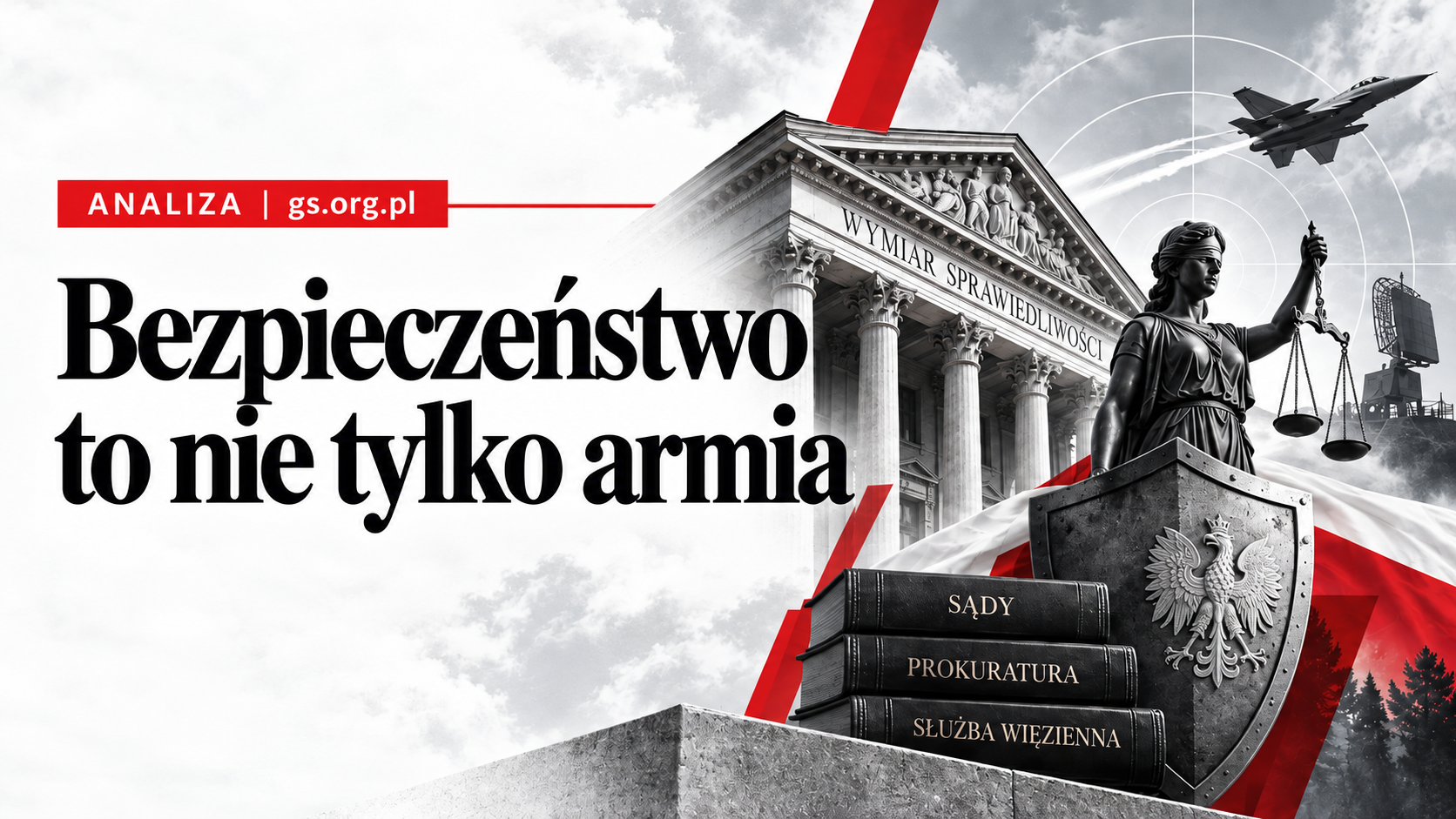 grafika analityczna z gmachem wymiaru sprawiedliwości temidą tarczą z orłem oraz motywami obronnymi